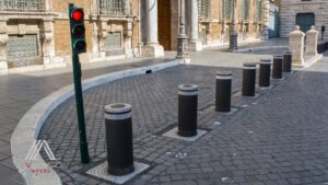 Custom powder-coated steel bollards protecting a Vancouver loading dock