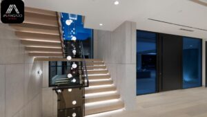 Custom steel stair frame before finishing at 690 Knockmaroon Rd., West Vancouver