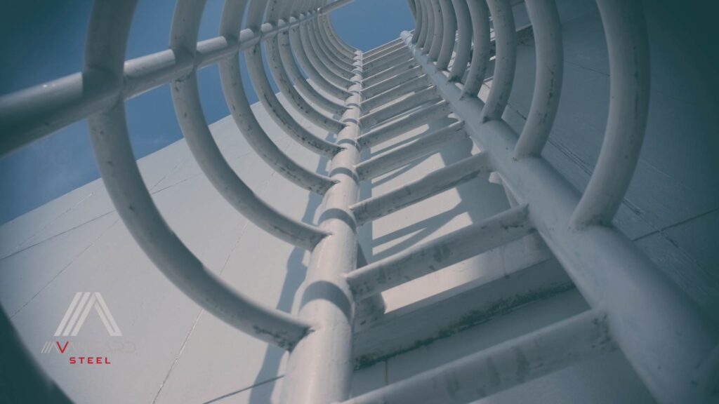 Custom stainless steel ladder fabricated and installed by Avangard Steel for a commercial building in Vancouver, BC