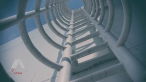 Custom stainless steel ladder fabricated and installed by Avangard Steel for a commercial building in Vancouver, BC