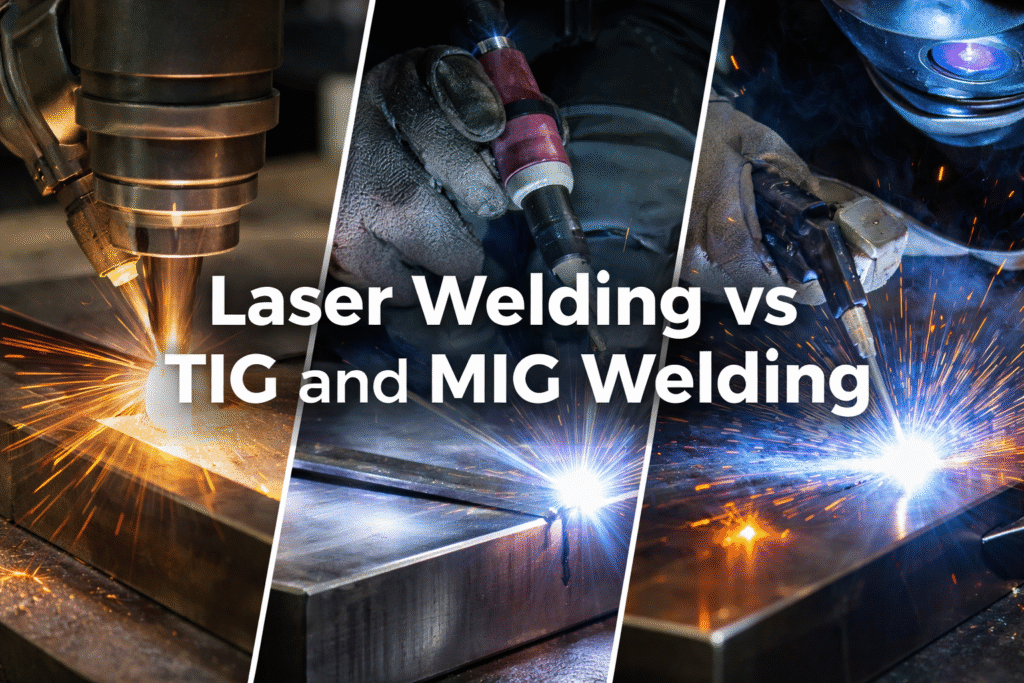 Laser welding process on stainless steel component in a Vancouver metal fabrication shop