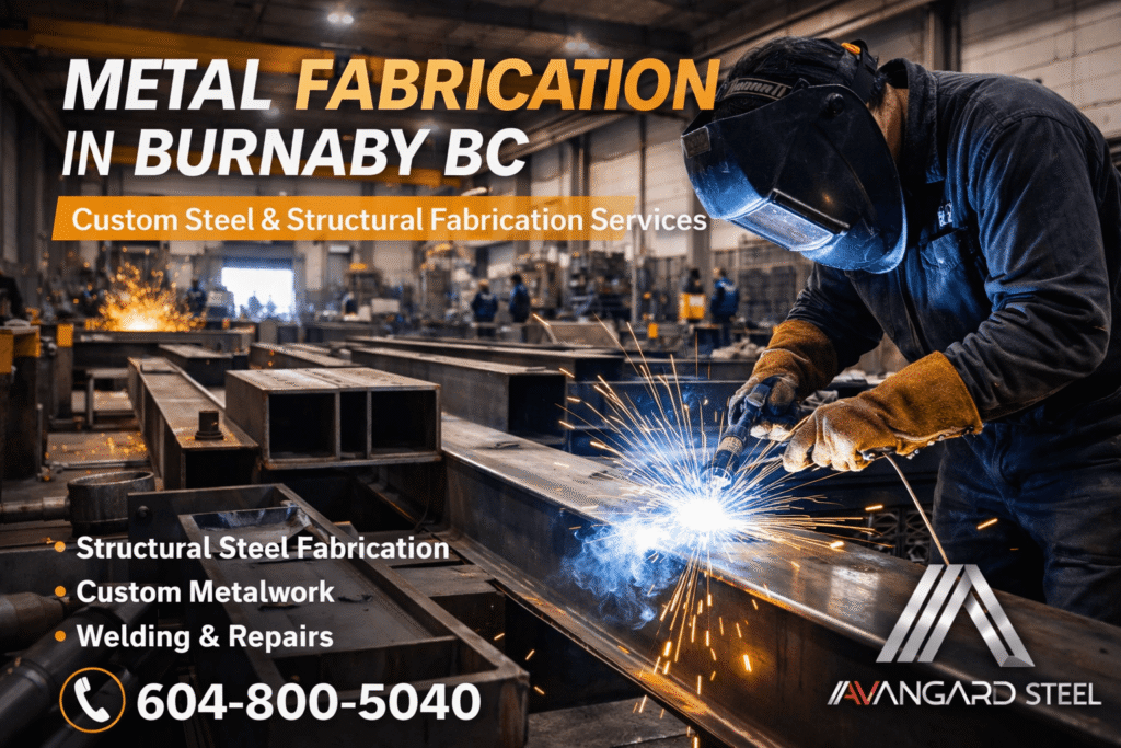 metal fabrication services in Burnaby BC with welder working on structural steel and Avangard Steel contact phone number 604-800-5040 displayed