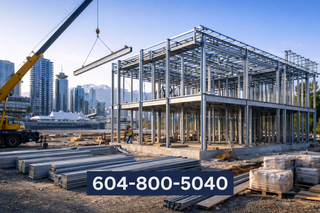 steel building construction project in Vancouver BC with structural steel frame installation