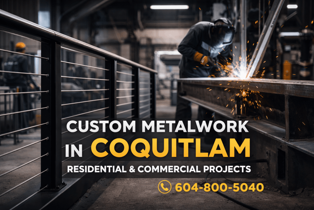 custom metalwork in Coquitlam BC with steel railing fabrication and welder working on structural steel with phone number 604-800-5040 displayed
