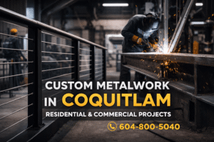 custom metalwork in Coquitlam BC with steel railing fabrication and welder working on structural steel with phone number 604-800-5040 displayed