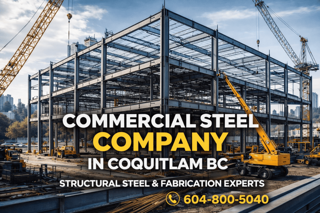 commercial steel company in Coquitlam BC construction site with structural steel building frame and contact phone number 604-800-5040 displayed