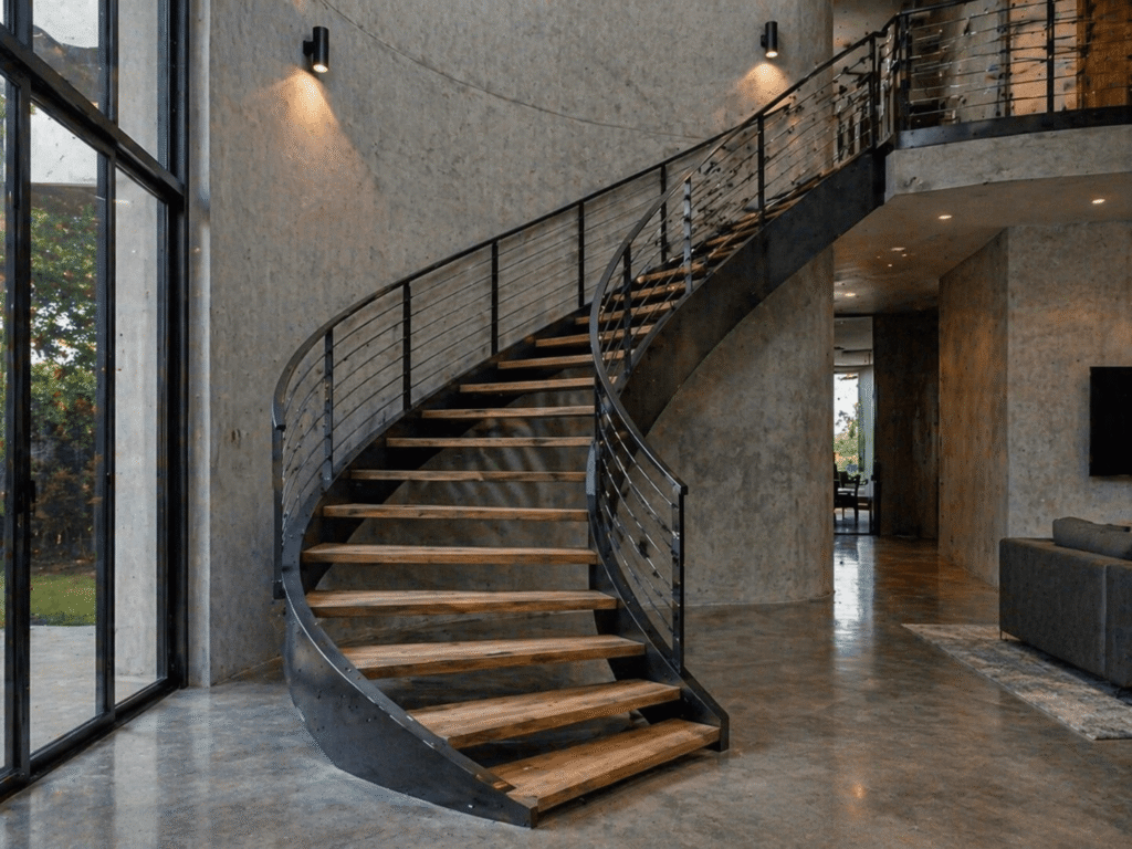 Curved steel staircases add a luxury architectural feature to any home or commercial space