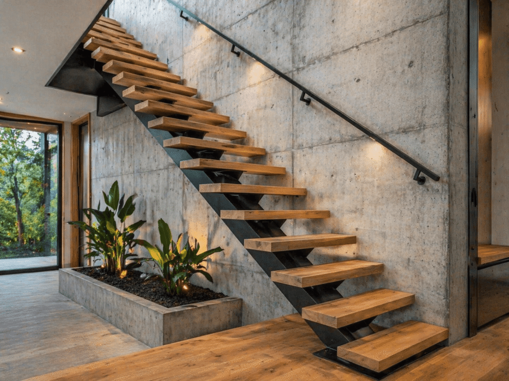 Mono stringer steel stairs use a single steel beam underneath the treads to create a clean and modern staircase design