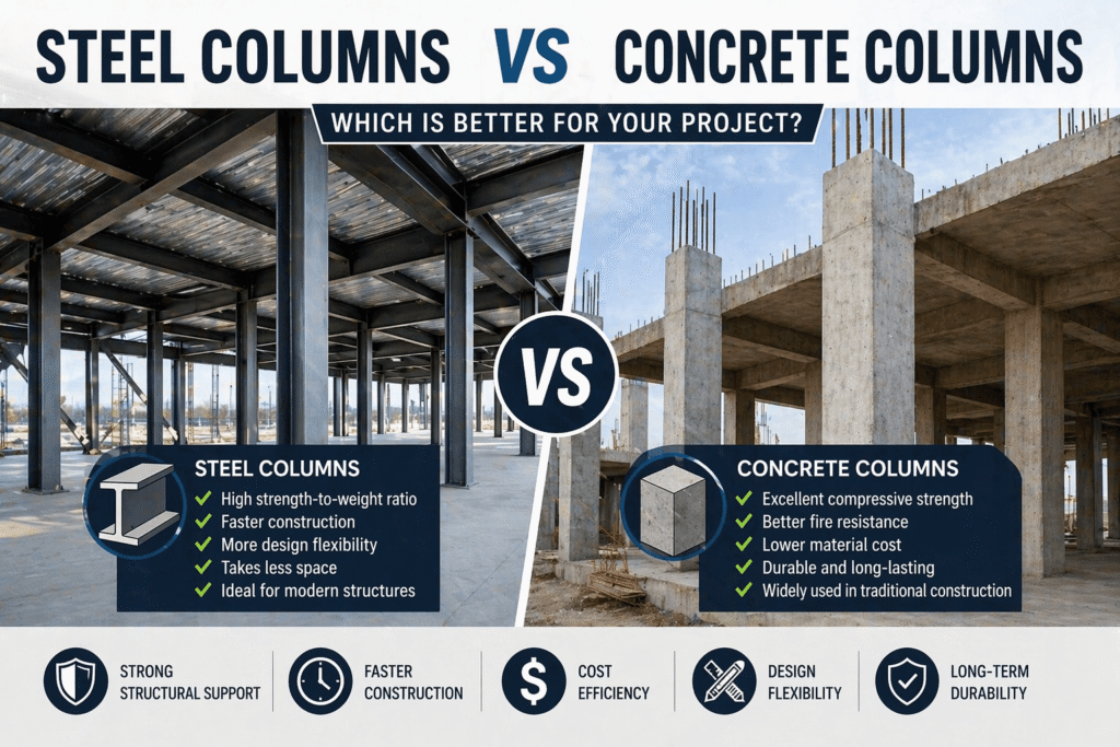 steel vs concrete columns comparison showing structural steel frame and reinforced concrete columns in construction