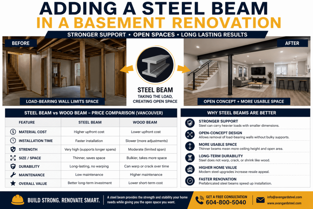 steel beam installation in basement renovation Vancouver showing before and after open concept with load bearing wall removal and steel vs wood beam comparison