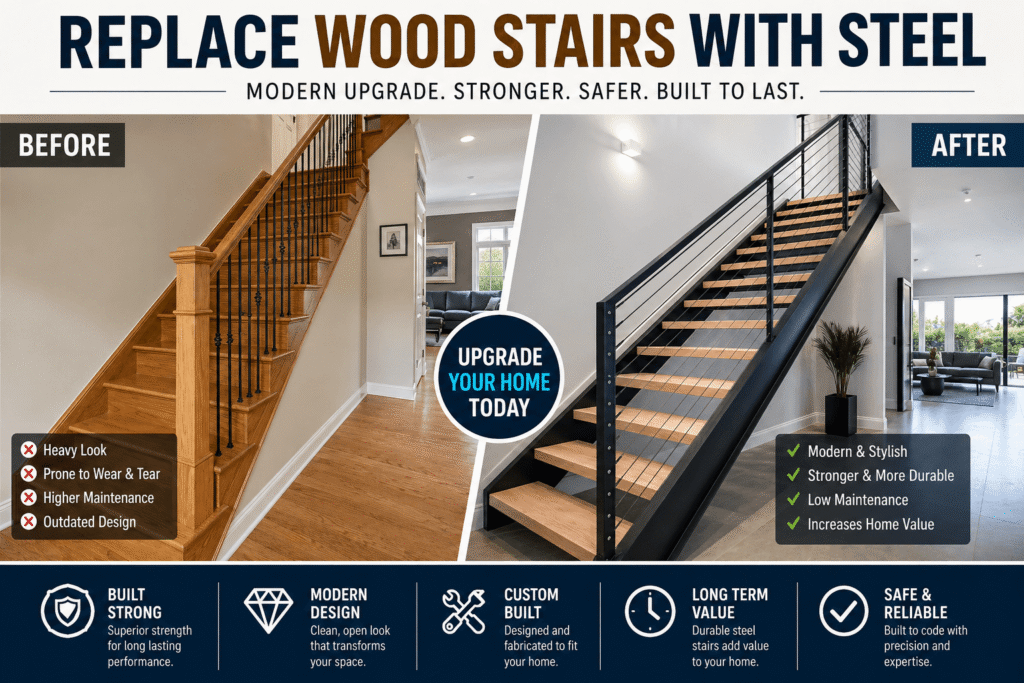 replace wood stairs with steel modern staircase renovation in Vancouver home