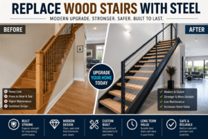 replace wood stairs with steel modern staircase renovation in Vancouver home
