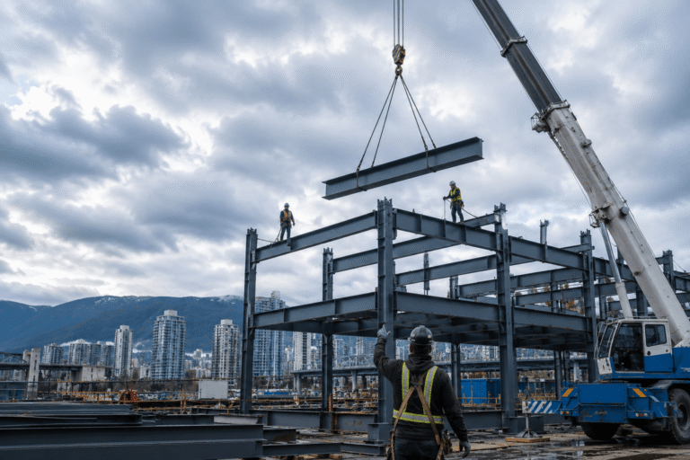 steel structure erection construction site in Vancouver with crane lifting structural steel beams during commercial building installation