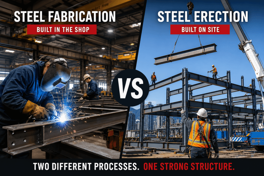 steel fabrication vs steel erection comparison showing welding in fabrication shop and structural steel installation on construction site