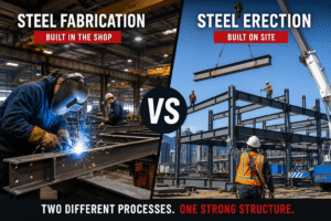 steel fabrication vs steel erection comparison showing welding in fabrication shop and structural steel installation on construction site