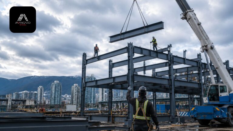 steel structure erection construction site in Vancouver with crane lifting structural steel beams during commercial building installation in vancouver