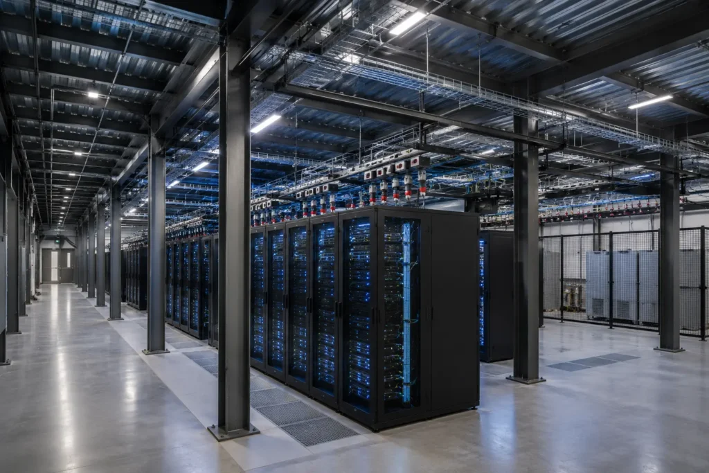 modern data center server racks supported by structural steel framework and cable management systems vancouver