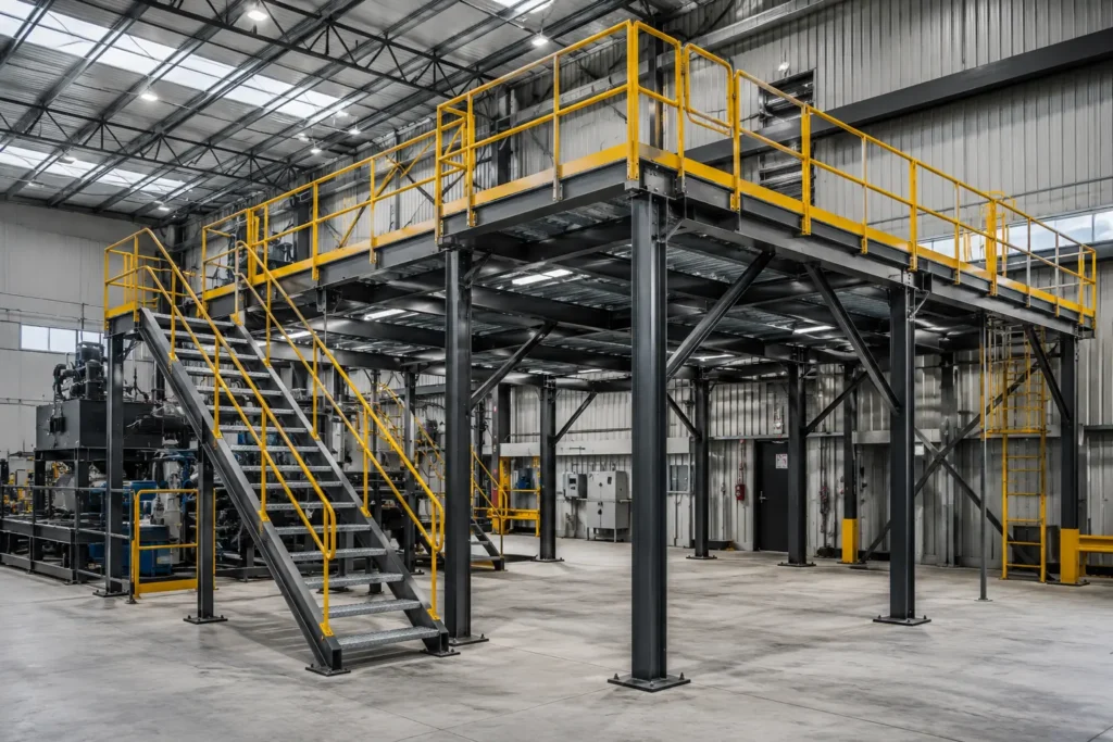 industrial steel platform with structural steel stairs and safety railings in Vancouver