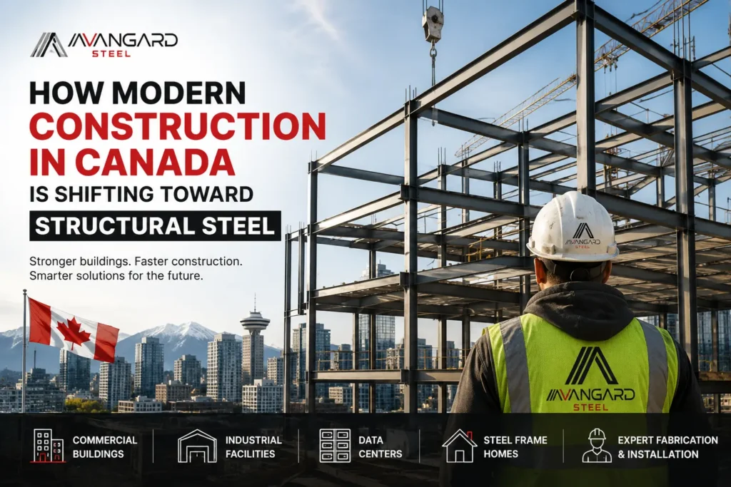 Modern structural steel construction project in Canada featuring steel frame erection, commercial building development, data center infrastructure, industrial steel fabrication, and modern construction methods by Avangard Steel.