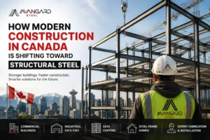 Modern structural steel construction project in Canada featuring steel frame erection, commercial building development, data center infrastructure, industrial steel fabrication, and modern construction methods by Avangard Steel.