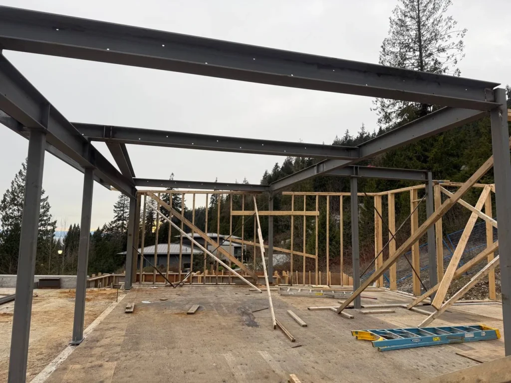 Steel structure construction showing beam and column installation in Vancouver
