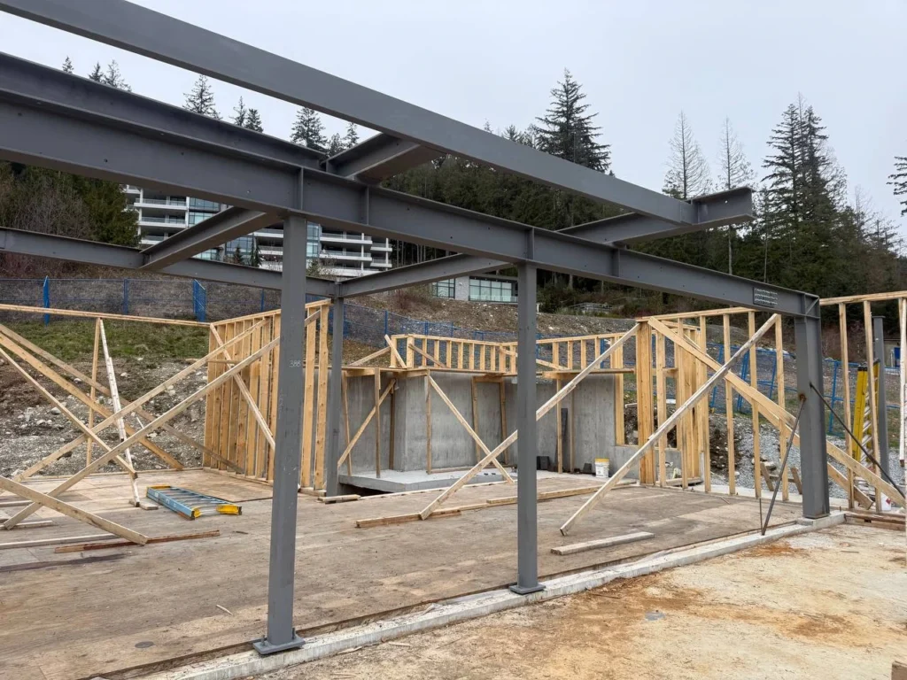 Custom steel frame house construction with structural steel columns and beams