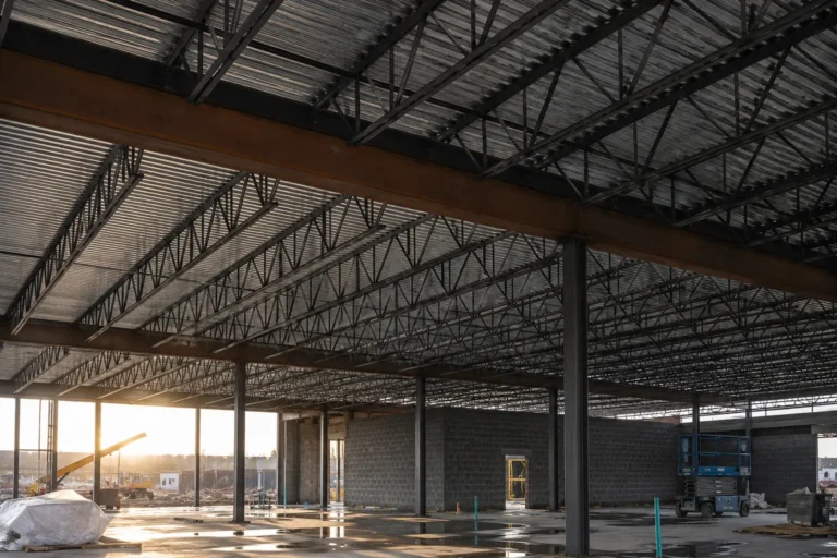 Commercial steel building under construction featuring open web steel joists (OWSJ), structural steel framing, and roof deck installation for an industrial project in Vancouver, BC.