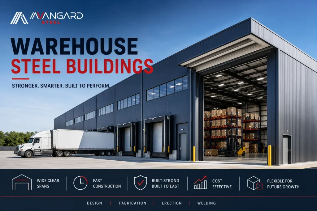 Warehouse steel building with structural steel frame, loading docks, and distribution warehouse designed for commercial and industrial construction in Canada by Avangard Steel Vancouver.