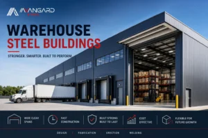 Warehouse steel building with structural steel frame, loading docks, and distribution warehouse designed for commercial and industrial construction in Canada by Avangard Steel Vancouver.