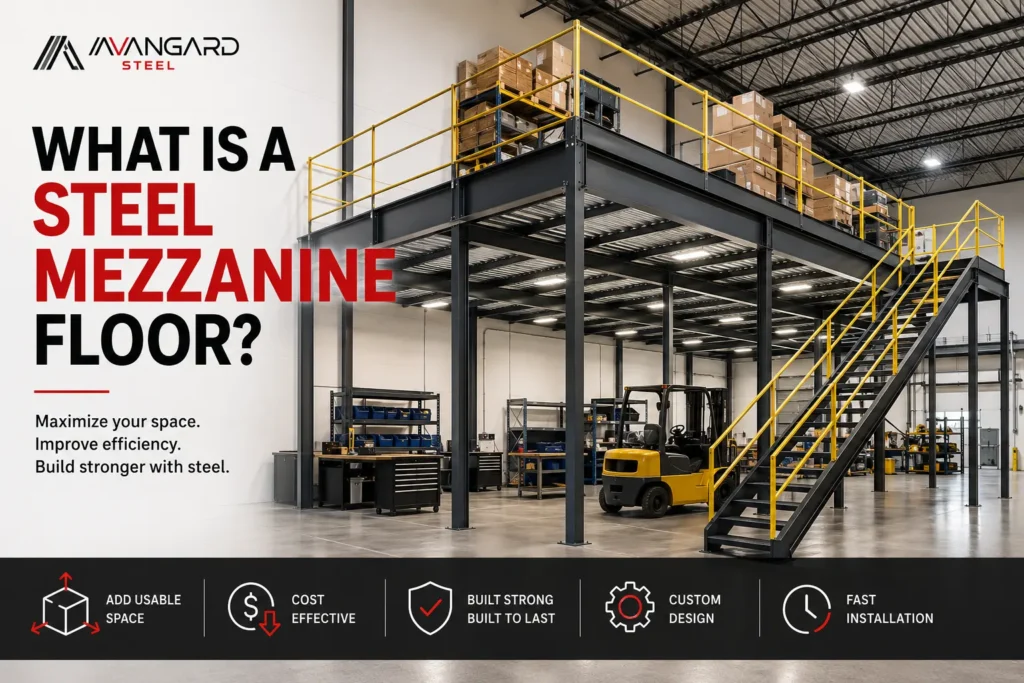 Steel mezzanine floor installed inside a commercial warehouse to maximize storage space with custom structural steel fabrication in Canada by Avangard Steel