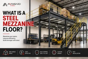 Steel mezzanine floor installed inside a commercial warehouse to maximize storage space with custom structural steel fabrication in Canada by Avangard Steel
