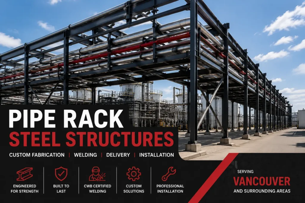 Pipe rack steel structure for an industrial facility in Vancouver featuring structural steel framing supporting utility piping and mechanical systems.