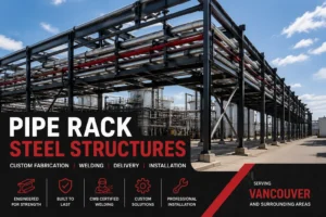 Pipe rack steel structure for an industrial facility in Vancouver featuring structural steel framing supporting utility piping and mechanical systems.