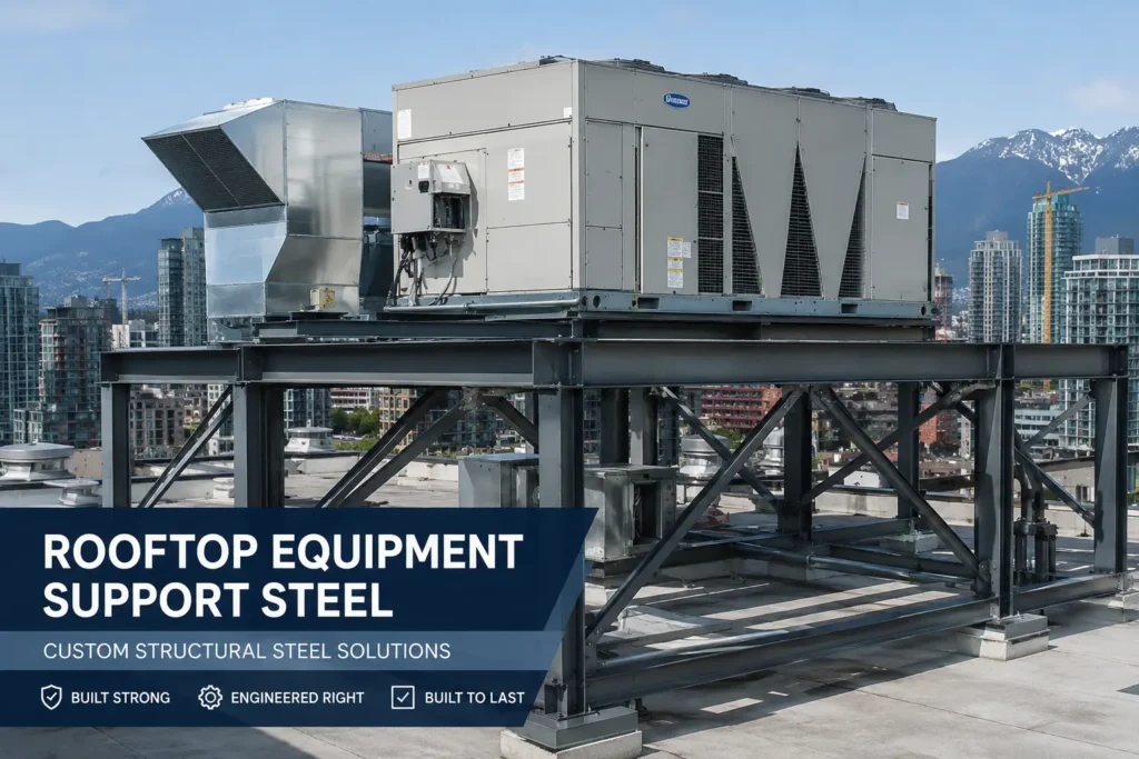 Rooftop HVAC equipment supported by a custom structural steel frame on a commercial building in Vancouver BC