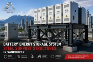 Battery energy storage system steel support structure in Vancouver for commercial and industrial BESS equipment