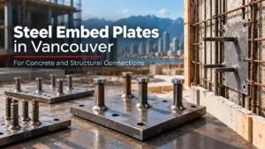 Steel embed plates in Vancouver for concrete and structural steel connections with welded studs and custom fabrication